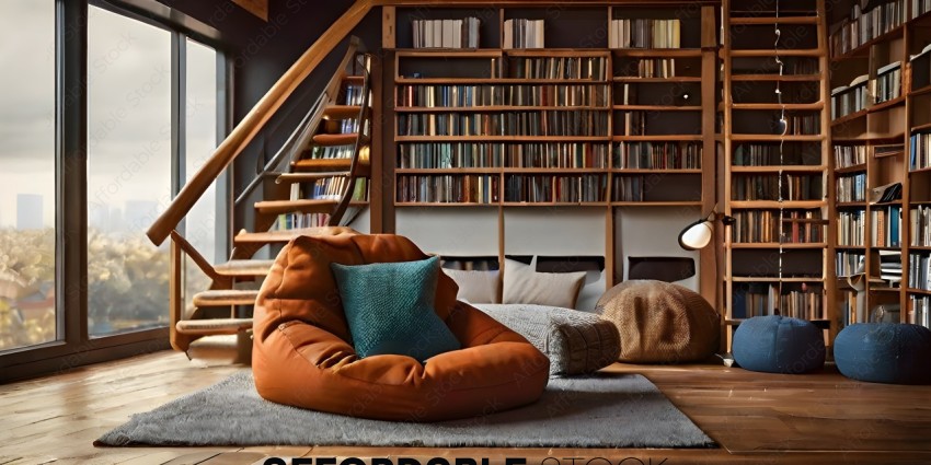 A cozy living room with a large bookcase and a comfortable chair