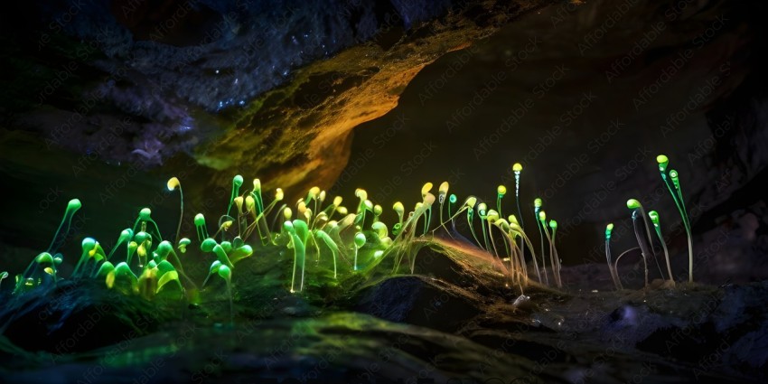 A group of glowing plants in a cave
