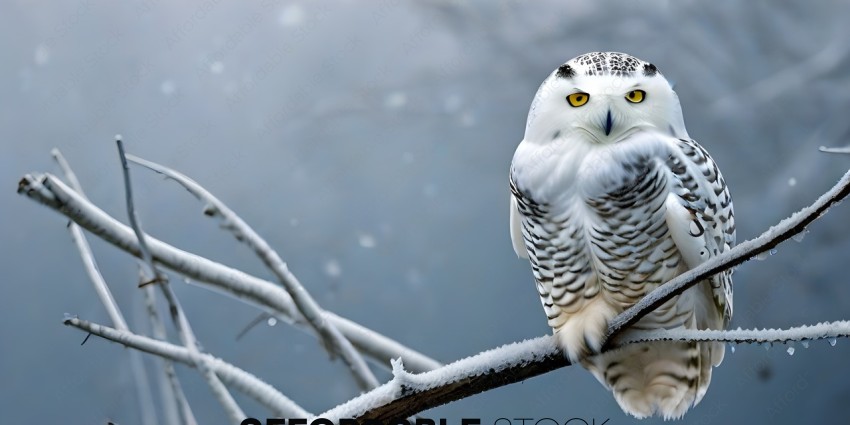 A white owl with yellow eyes perched on a branch