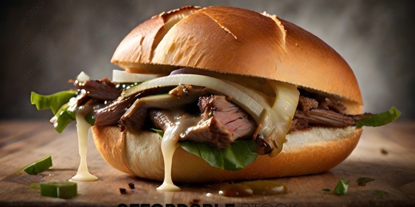 A juicy steak sandwich with onions and cheese