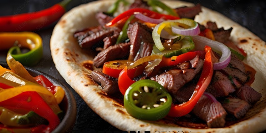 A delicious looking steak with peppers and onions