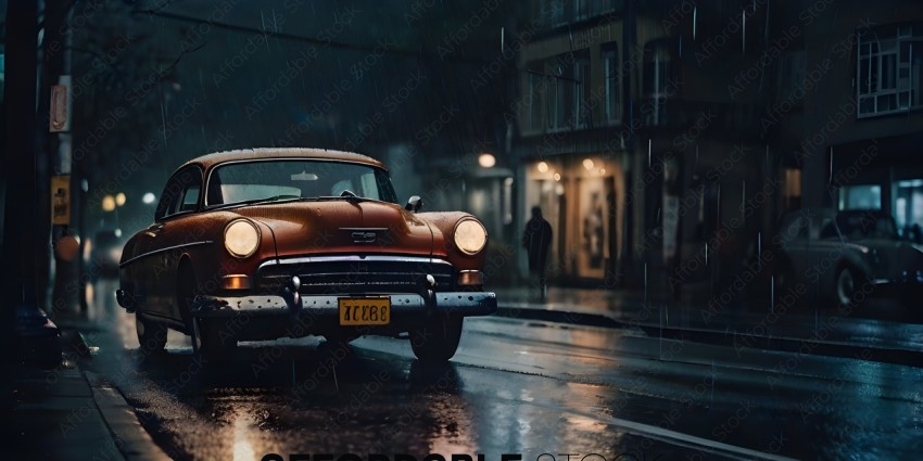 A person walking in the rain with a car in the background