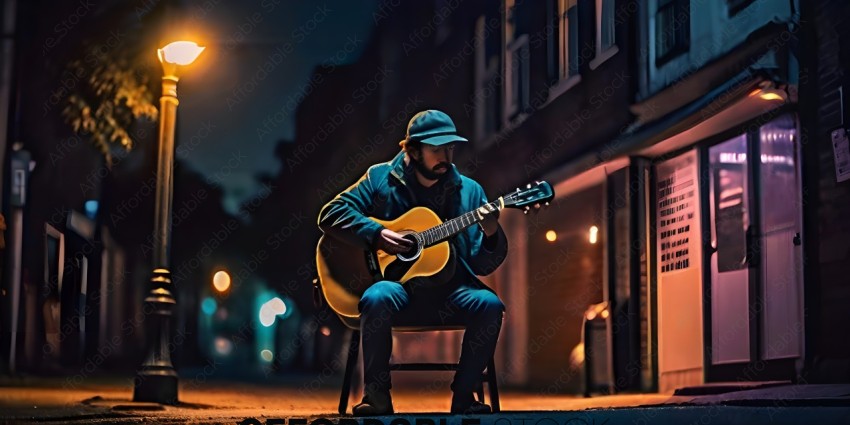 Man playing guitar on a chair at night