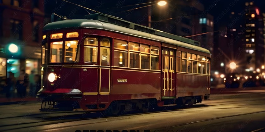 A red trolley car on a track at night