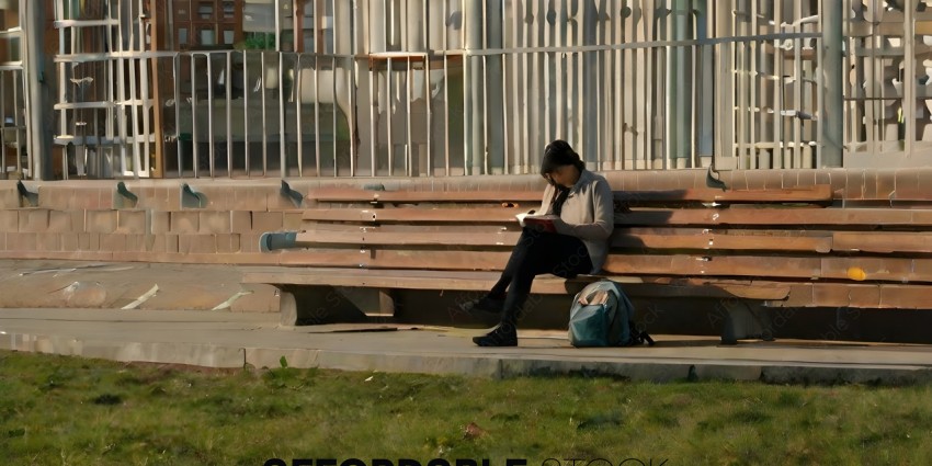 A woman reading a book on a bench