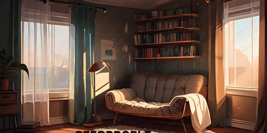 A cozy living room with a couch and bookshelves
