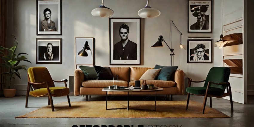 A well decorated living room with a brown couch and a picture of a man on the wall