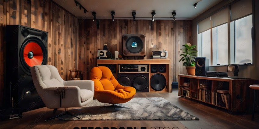 A room with a large speaker and a rug