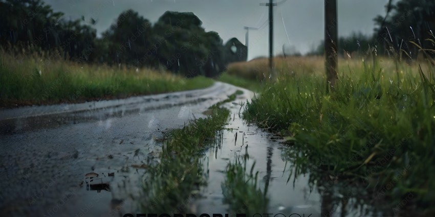 Rainy Road with Grass and Trees