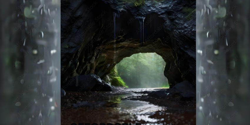 A cave with a waterfall and a pathway