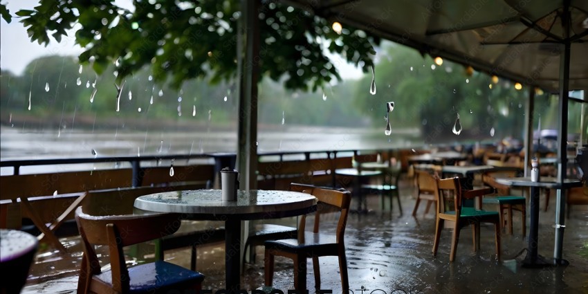 A table with a cup of coffee on it in the rain