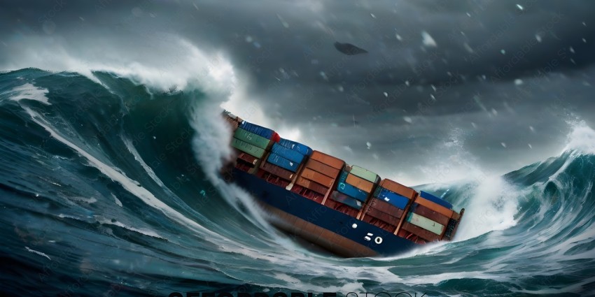 A large ship is being tossed by a storm