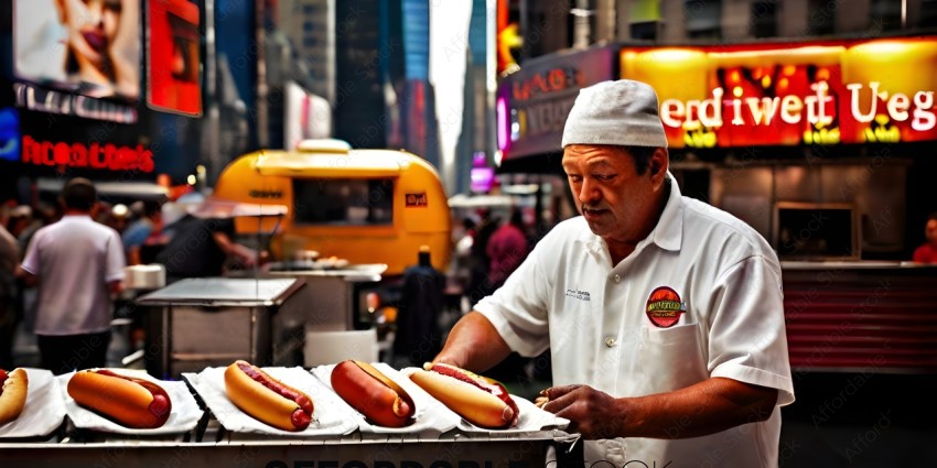 A man in a white shirt is preparing hot dogs