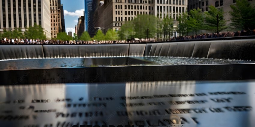 A crowd of people are standing in front of a reflecting pool