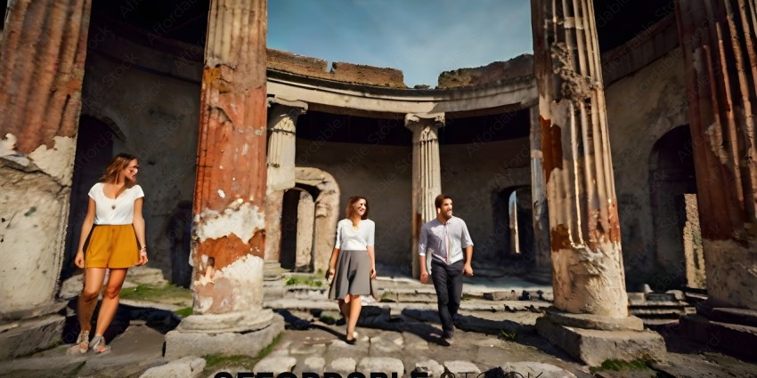 A couple walking in front of a building with columns