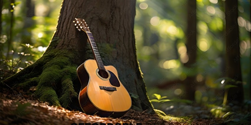 A guitar sits against a tree trunk
