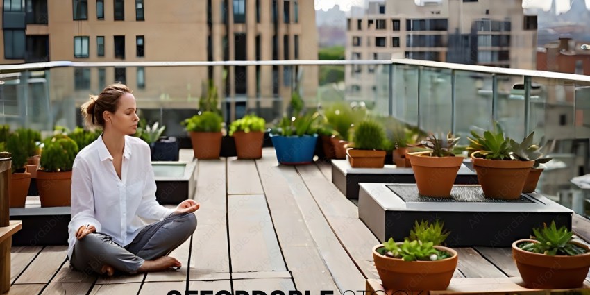 A person meditating on a wooden deck with potted plants