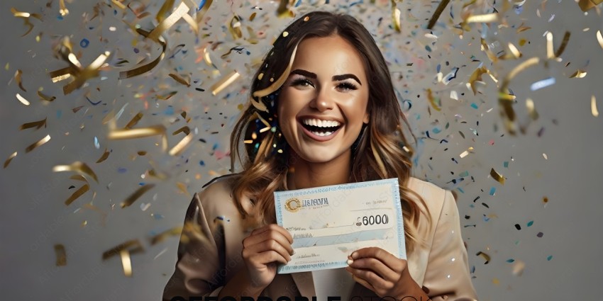 A woman holding a check for 5000 euros