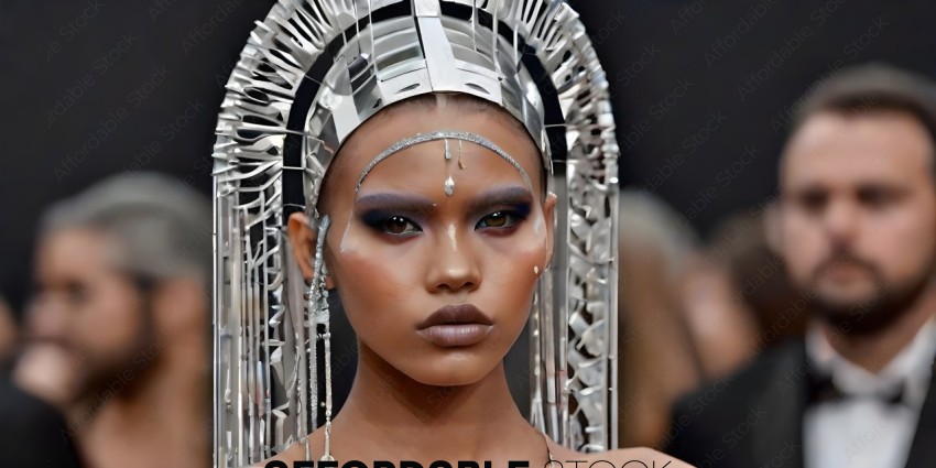 A model wearing a headpiece with a lot of detail