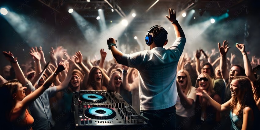 A DJ with a crowd of people in the background