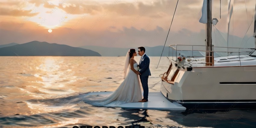 Bride and groom kissing on a boat