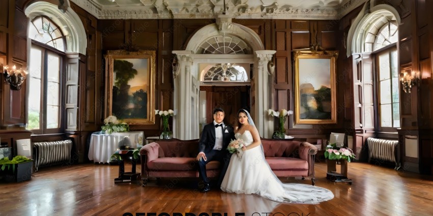 A Bride and Groom in a Mansion