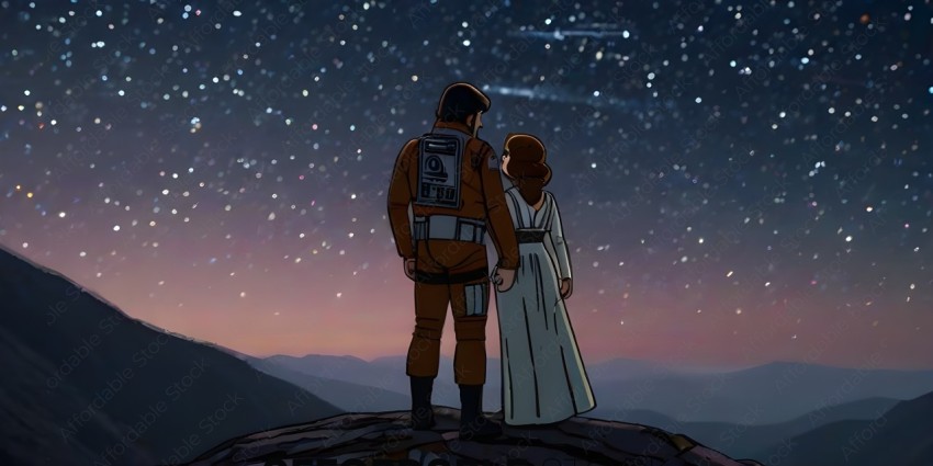 A man and a woman are looking at the stars