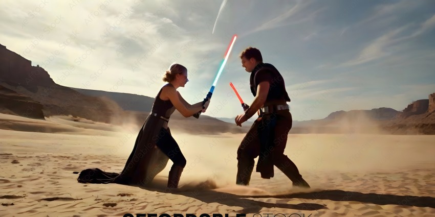 A man and a woman are playing a game with lightsabers