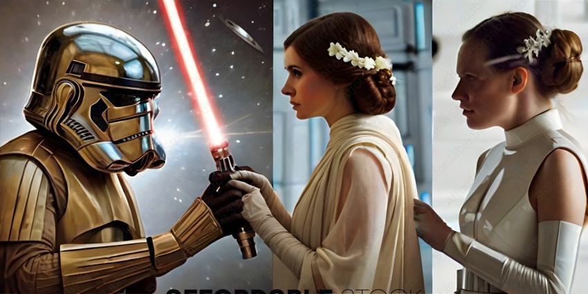 A Star Wars fan art of a man holding a lightsaber and a woman holding a lightsaber
