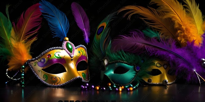 Mardi Gras Masks with Feathers and Beads