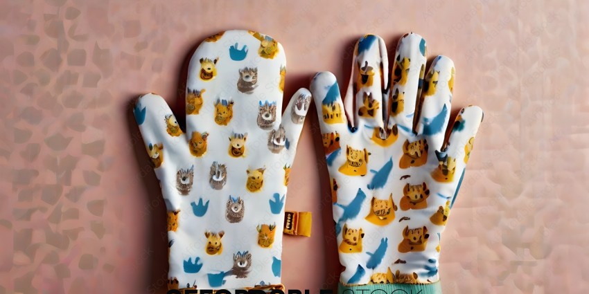 Two pairs of gloves with animal prints on them