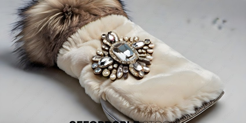 A fur lined glove with a large crystal decoration