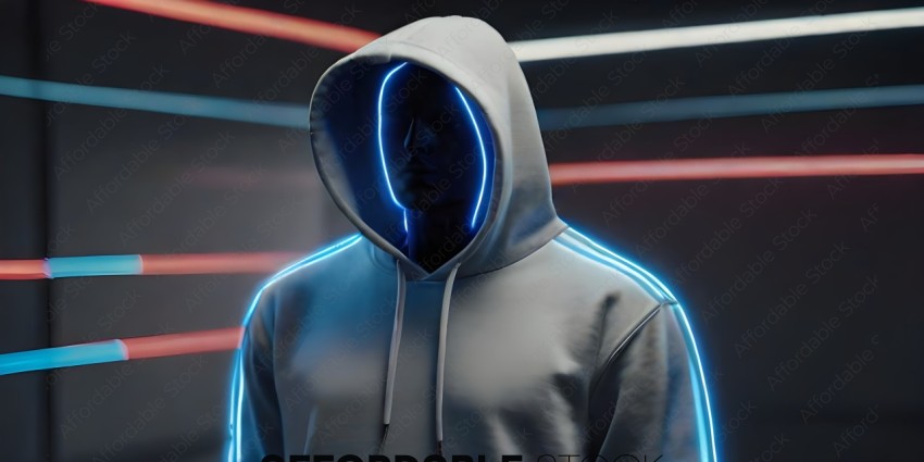 A person with a hood on and blue lights on their face