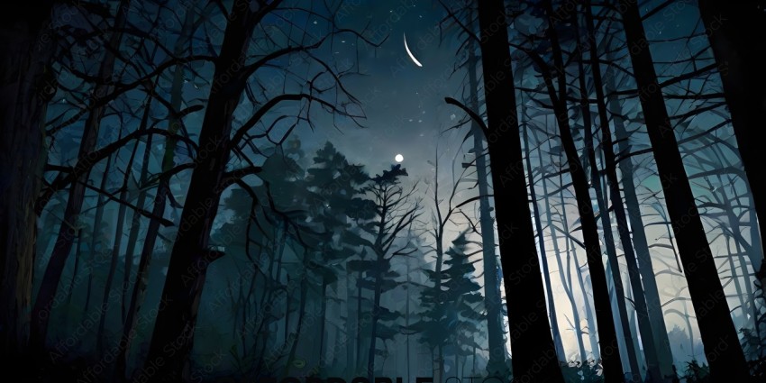 A painting of a forest at night with a crescent moon