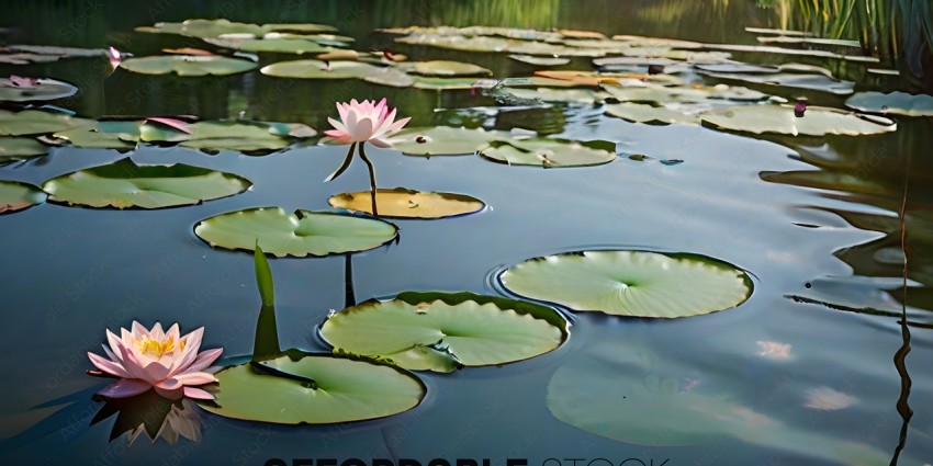 A pink flower in a pond with lily pads