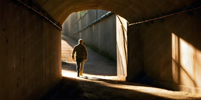 Man walking through tunnel with sunlight shining on him