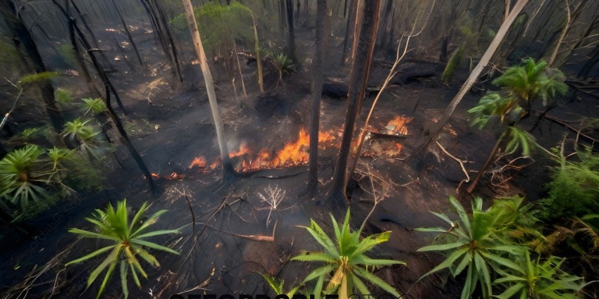 A forest fire in a tropical rainforest