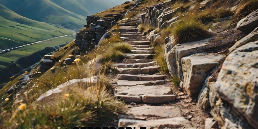 A rocky pathway with steps leading up a hill