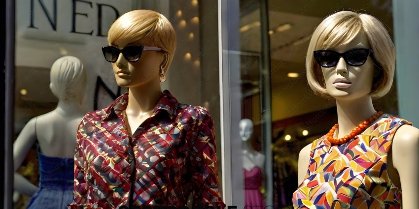 A mannequin wearing a colorful shirt and a dress