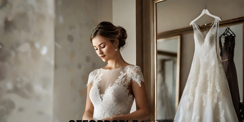 A bride in a white dress looking at her wedding dress