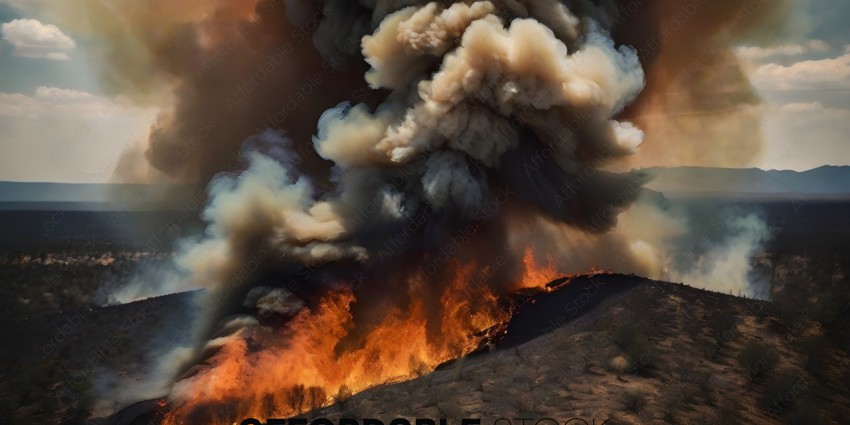 A large fire in the desert with smoke and flames