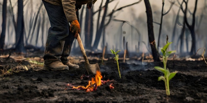 A man is using a shovel to dig up a plant in a burned area