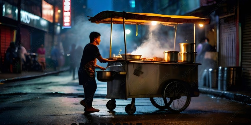 A man cooking food on a cart at night