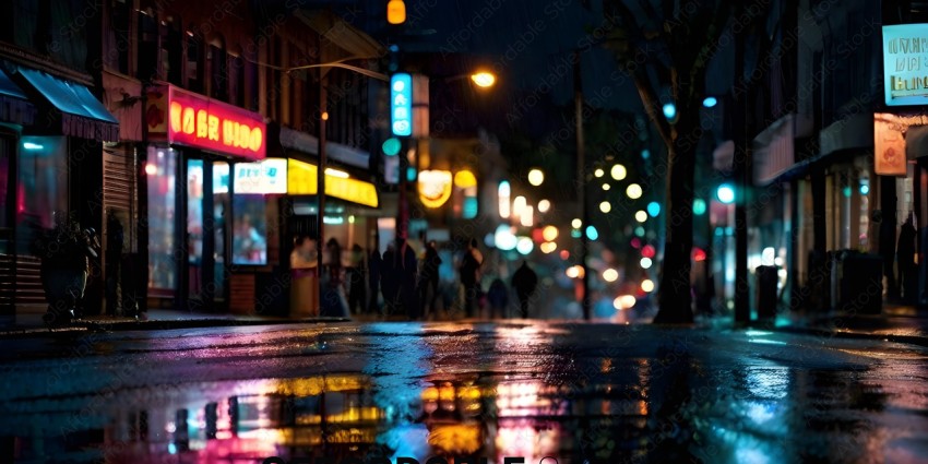 People walking in the rain on a city street at night