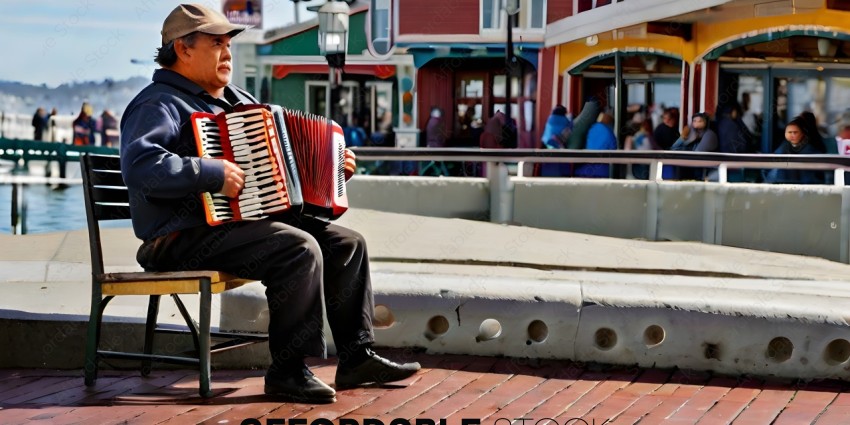 A man playing an accordion on a sidewalk