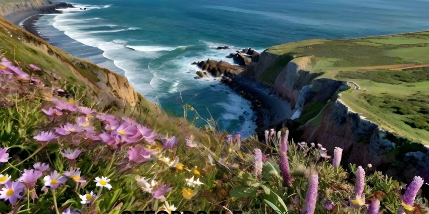 A beautiful view of the ocean and a cliff with flowers