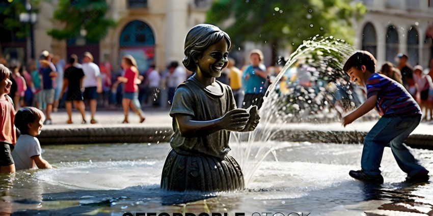 A statue of a little girl playing with water