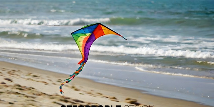 A colorful kite flies over the beach