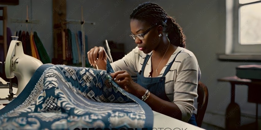 A woman wearing glasses and a denim apron is sewing a blue fabric
