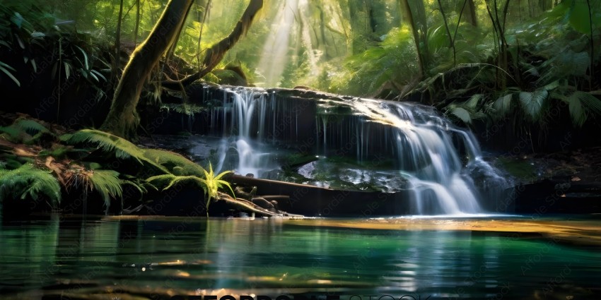 A waterfall in a forest with a sunbeam shining through